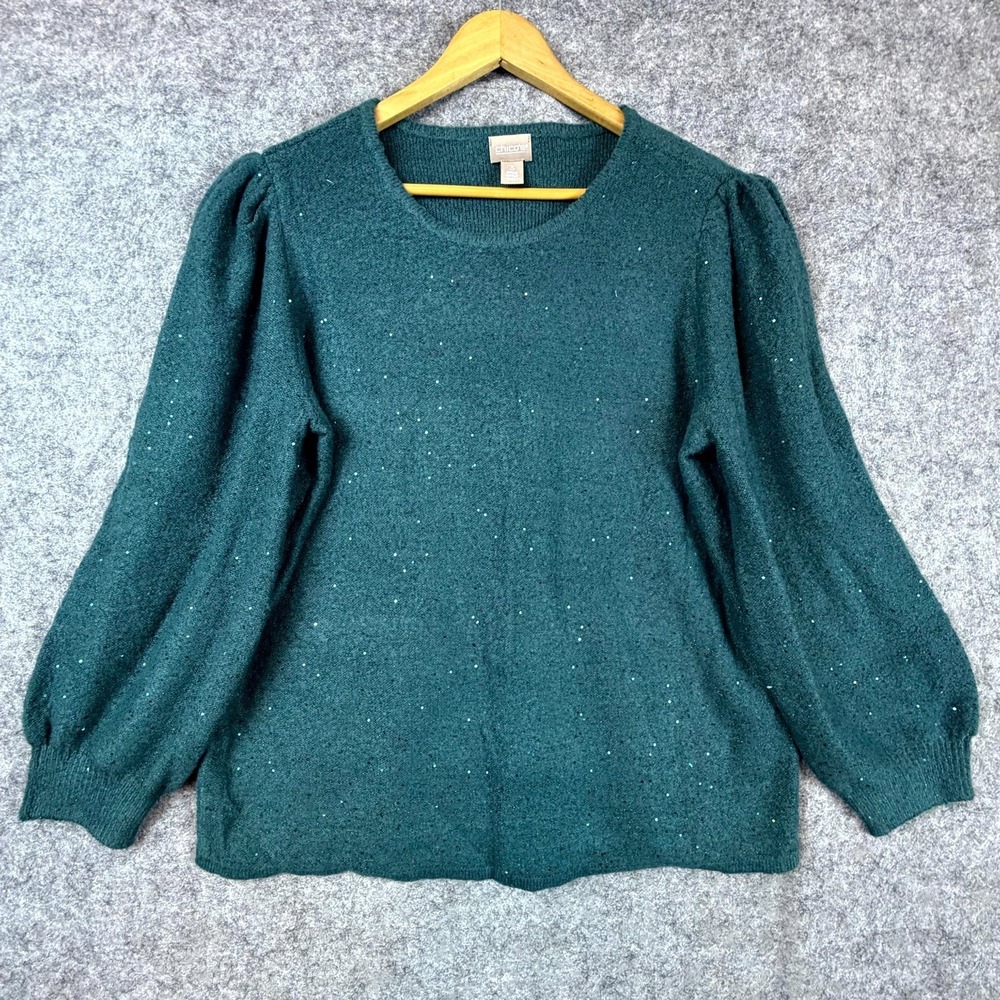 Chico's Sweater Womens 3 Metallic Green Sparkle Holiday Puff Sleeve Round Neck